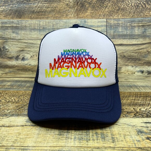 Magnavox Mens Trucker Hat Navy Snapback Defunct Vintage Logo Baseball Cap - Picture 2 of 8